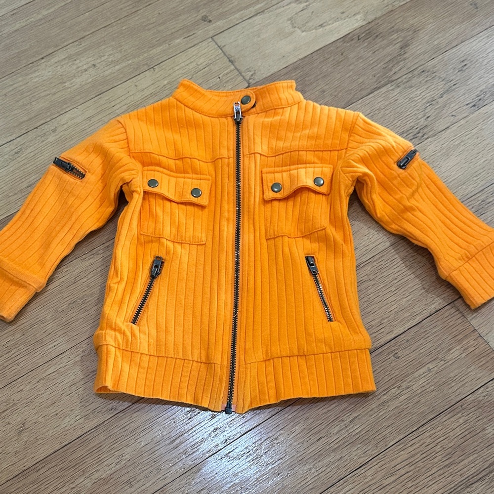 kate quinn Kids Bright Orange Ribbed Knit Zip Motorcycle Jacket